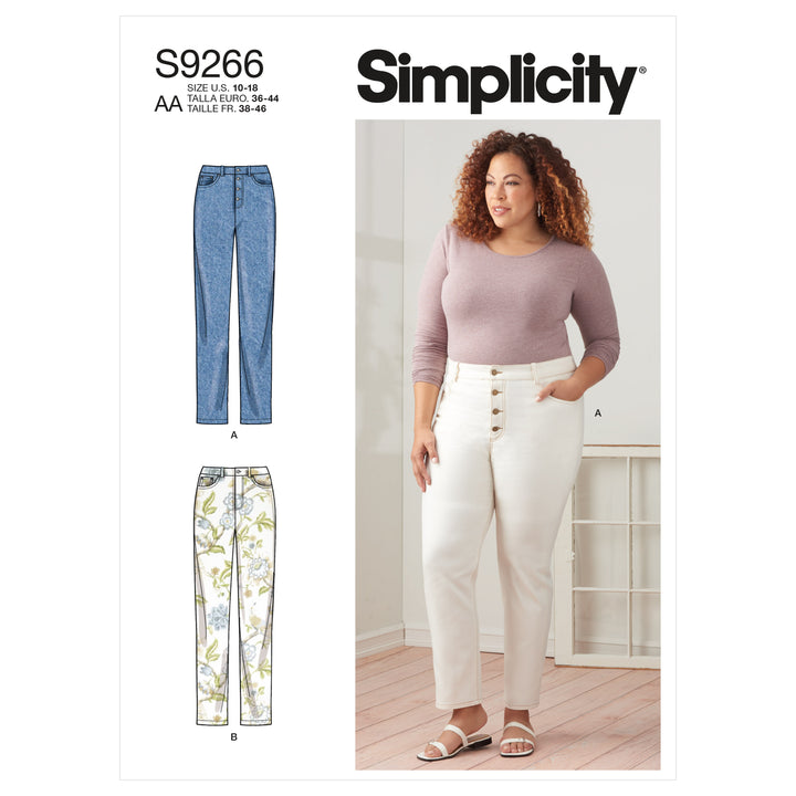 Simplicity sewing pattern S9266 from Super Cheap Fabrics, named "Pattern - Simplicity - S9266 - Misses and Women's Vintage Jeans (Buttons/Zipper)," showcases a woman in white high-waisted pants paired with a light purple top. The pattern offers two variations of ankle-length pants: one made from vintage denim (A) and the other featuring a floral print (B). Available sizes range from 10-18 and 20W-28W.