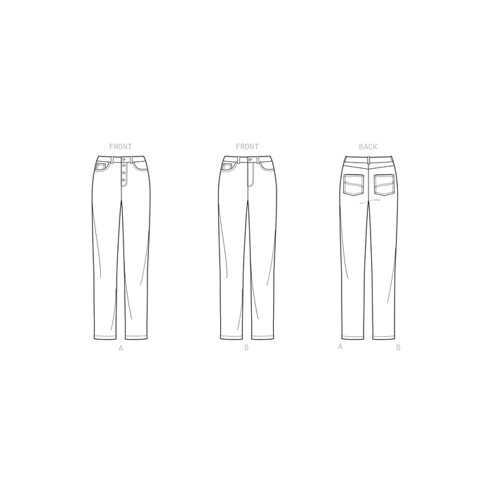 Line drawings of two pairs of women's pants, labeled A and B. The image shows the front views of both pairs side by side, and the back views, highlighting pocket designs and seam details. Pair A features Simplicity S9266 Misses and Women's Vintage Jeans with intricate stitching from Super Cheap Fabrics; Pair B showcases ankle-length denim with modern pockets.