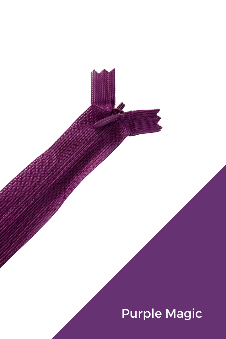 The image shows a partially unzipped, diagonally placed purple zipper with the label "Invisible Zip - 30cm - Purples" from Super Cheap Fabrics in the bottom right corner, perfectly matching its durable and elegant finish.