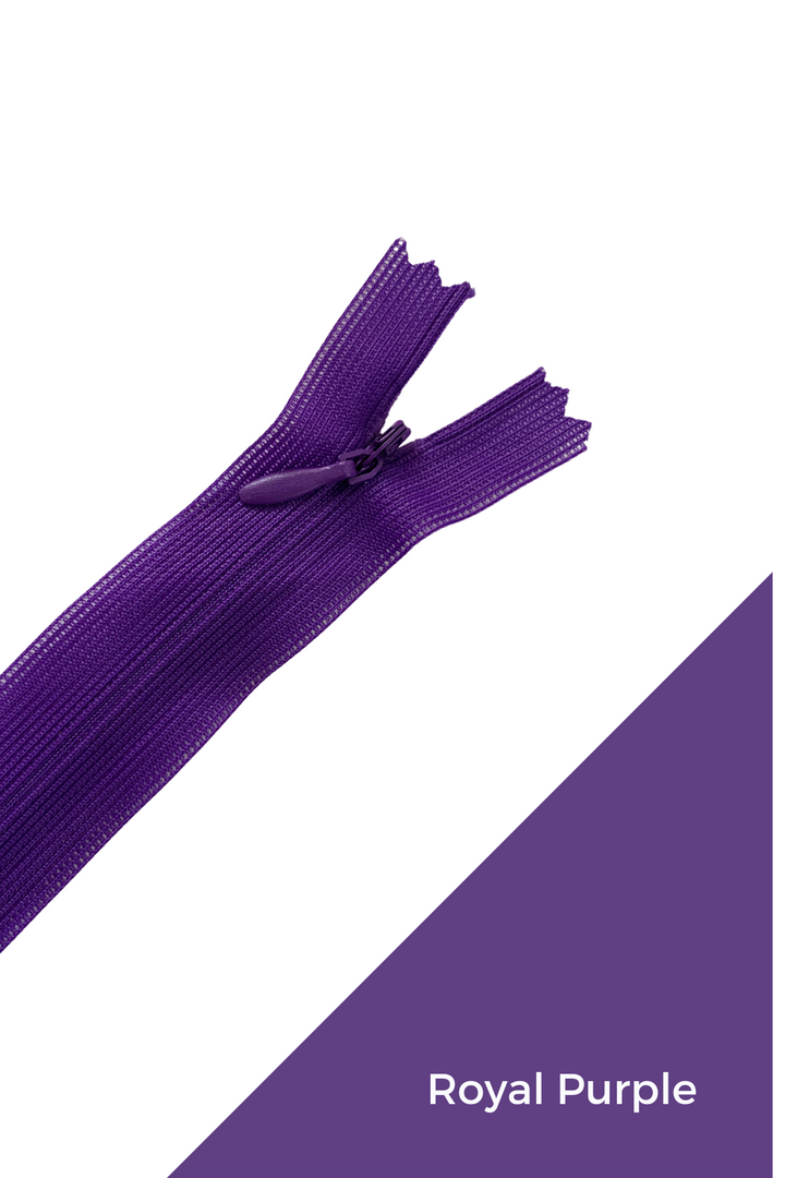 Image of a close-up of the Super Cheap Fabrics "Invisible Zip - 30cm - Purples" on a white background. The durable, partially unzipped royal purple zipper is diagonally oriented from the top left to the bottom right. The bottom right corner of the image features a swatch of royal purple with the text "Royal Purple.